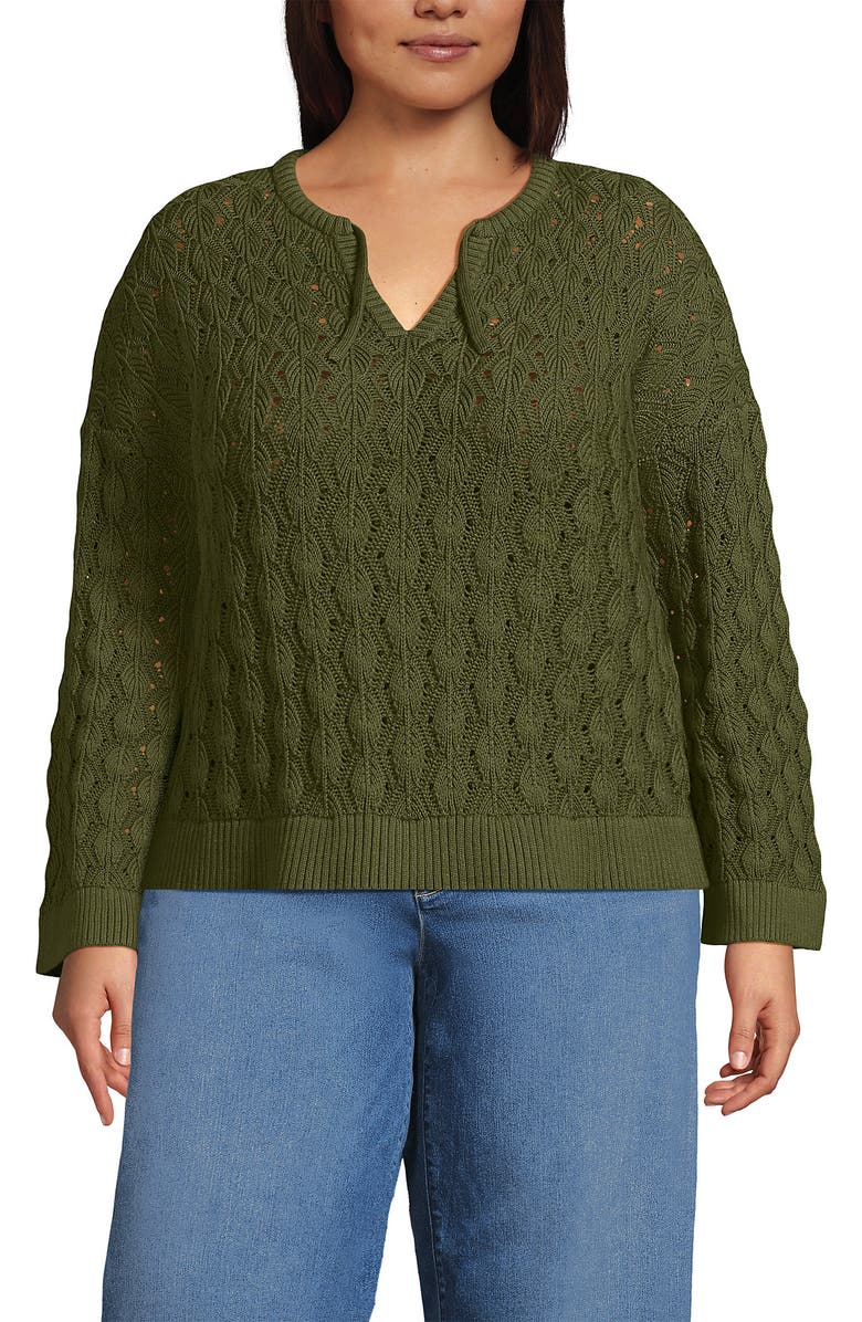 Lands' End Drifter Tie Notch Neck Sweater, Main, color, Artichoke