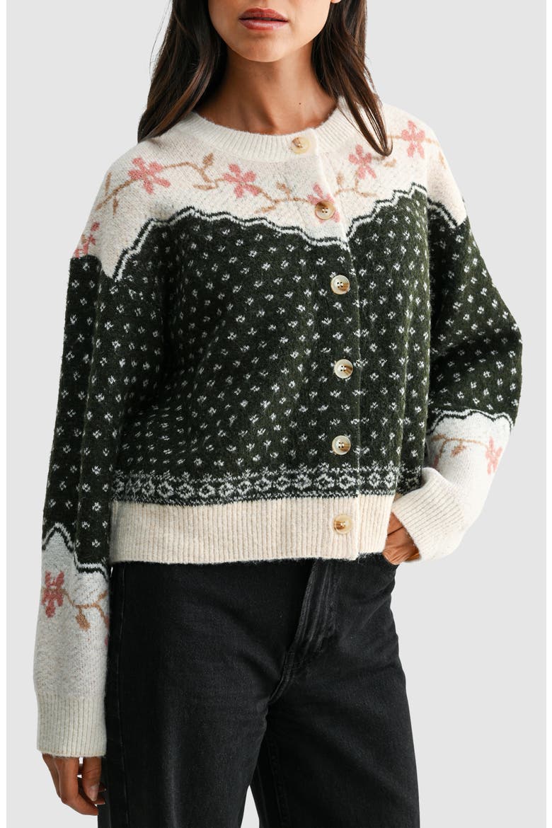 Fair Isle Floral Cardigan, Alternate, color, CREAM HUNTER GREEN