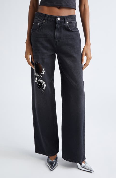 Crystal Chain Cutout Relaxed Jeans