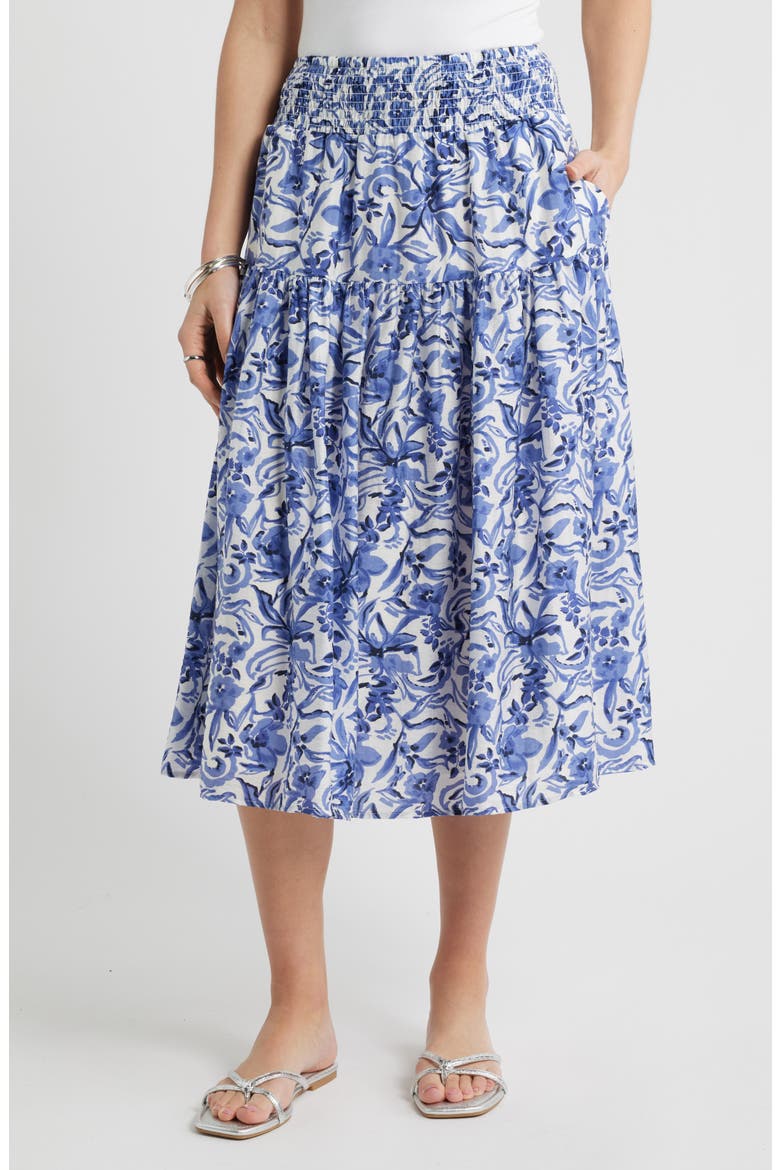 Tiered Print Midi Skirt, Main, color, IVORY- NAVY DAISY GARDEN
