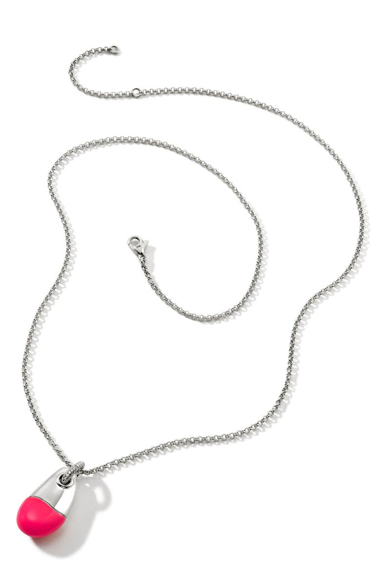 John Hardy Pebble Silver Diamond Pavé (0.04ct) Pendant on 2mm Rolo Chain Necklace with Neon Pink Enamel, Alternate, color, Pink