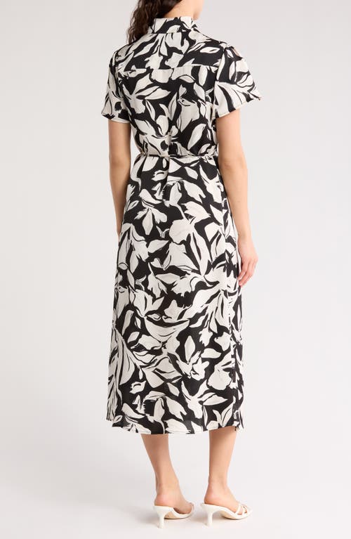 Nordstrom Rack Collared Half Button Wrap Front Shirtdress In Ivory- Grey Foliage Abstract