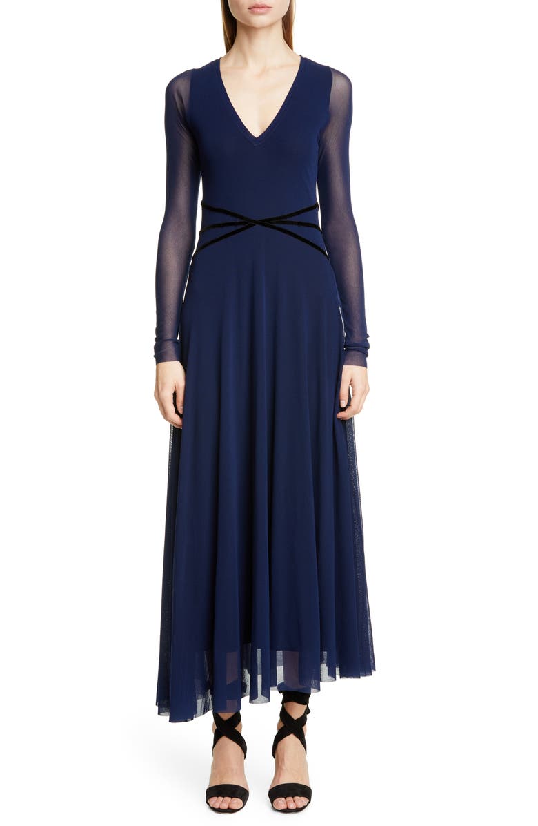 Fuzzi Velvet Detail Long Sleeve Asymmetrical Maxi Dress, Main, color, 