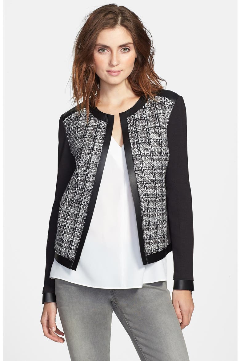'Ruby' Colorblock Faux Leather Trim Tweed Jacket, Main, color, BLACK MULTI