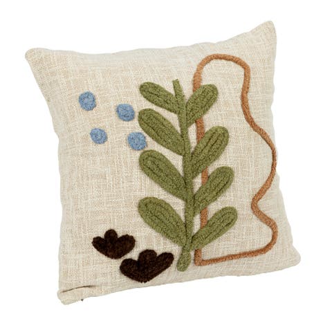 Square Cotton Slub Pillow with Tufted Plant Design, Multicolor