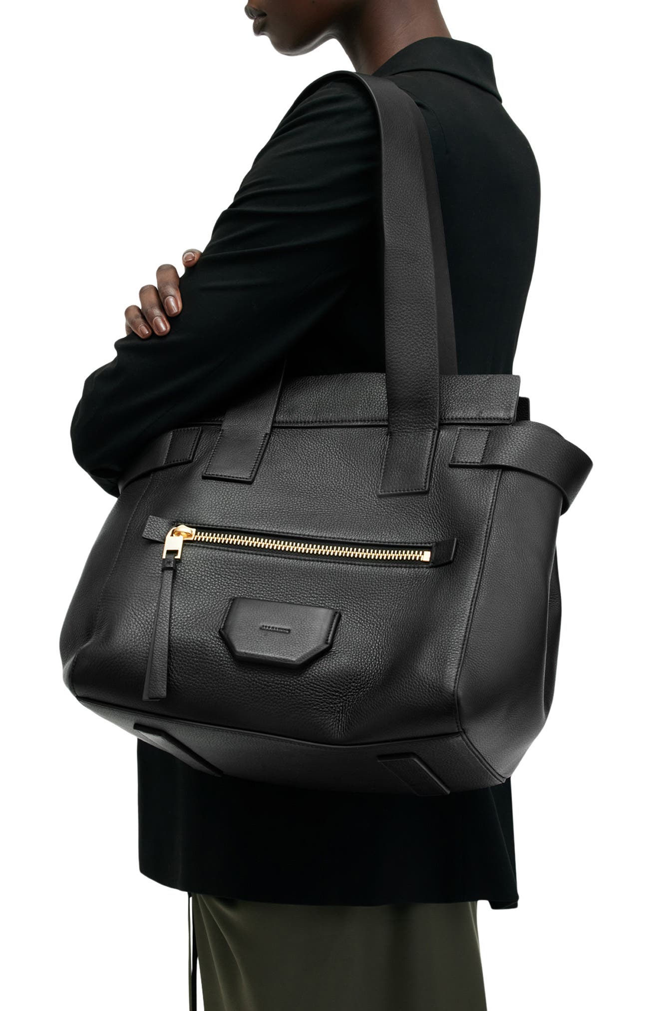 AllSaints Perez Leather Shoulder Tote, Alternate, color, Black