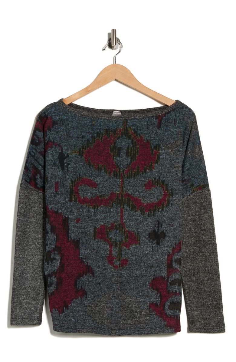 GO COUTURE Stripe Boat Neck Sweater, Main, color, Charcoal/ Red Print