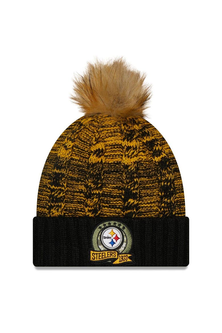 Women's New Era Black/Yellow Pittsburgh Steelers 2022 Salute To Service Pom Knit Hat, Main, color, Yellow