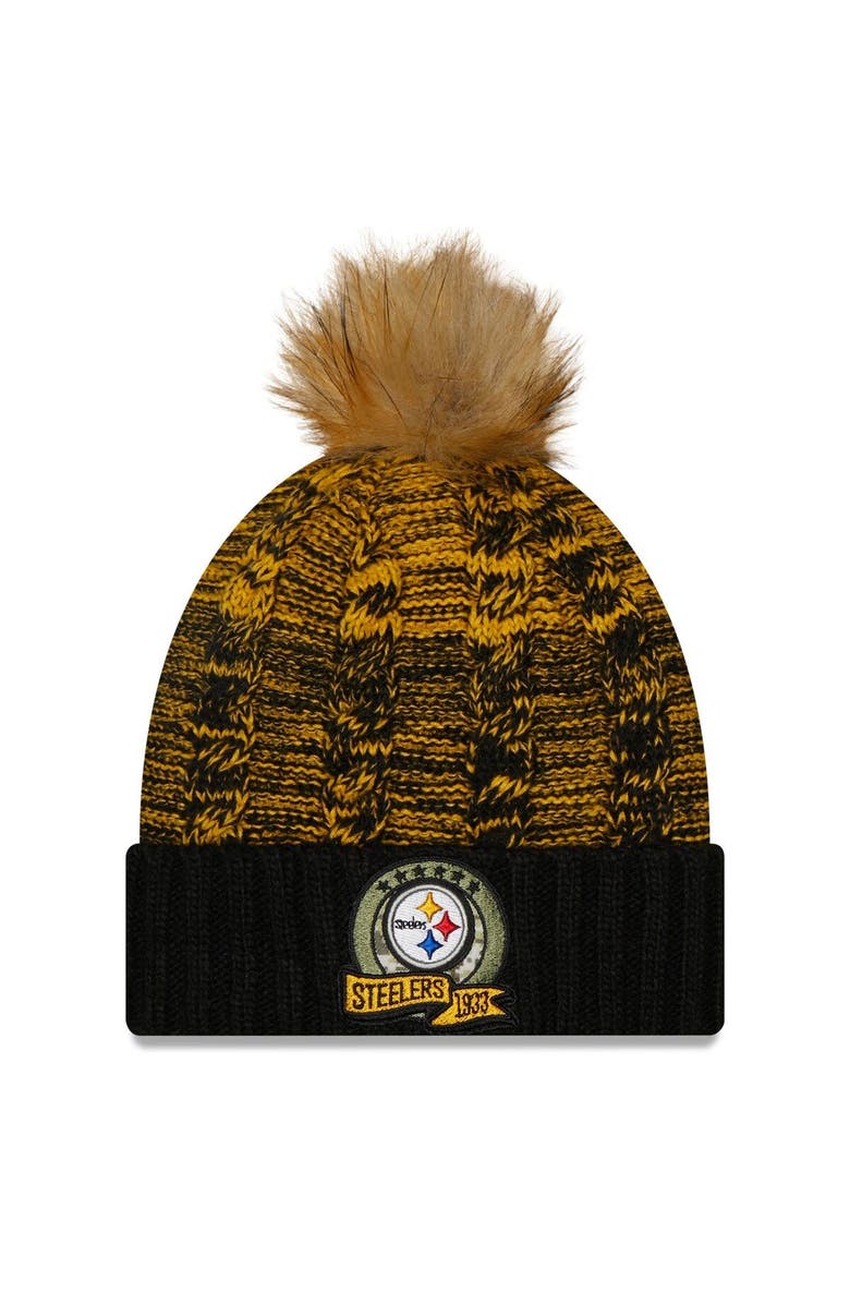 New Era Women's New Era Black/Yellow Pittsburgh Steelers 2022 Salute To Service Pom Knit Hat, Main, color, 