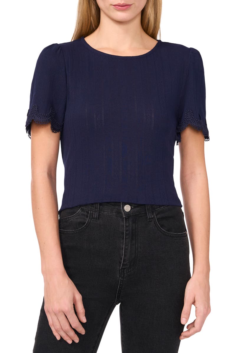 CeCe Pointelle Stitch Scalloped Cuff Cotton Blend Top, Main, color, Classic Navy