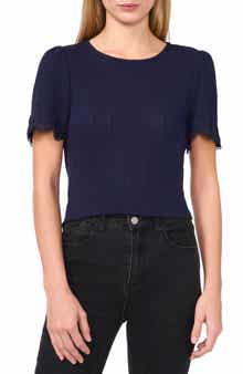 Pointelle Stitch Scalloped Cuff Cotton Blend Top