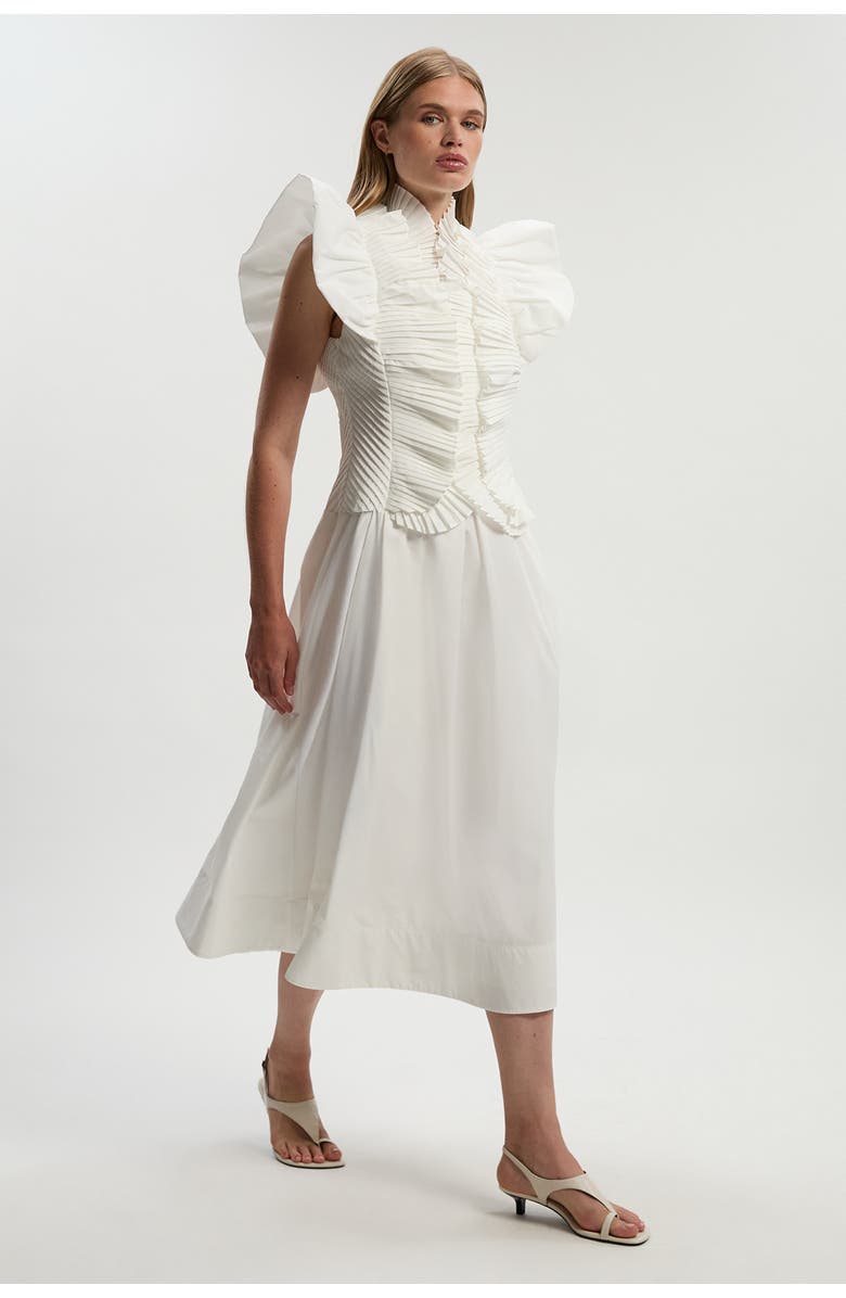 Karen Millen Pleated Ruffle Sleeve Woven Midi Dress, Alternate, color, Ivory
