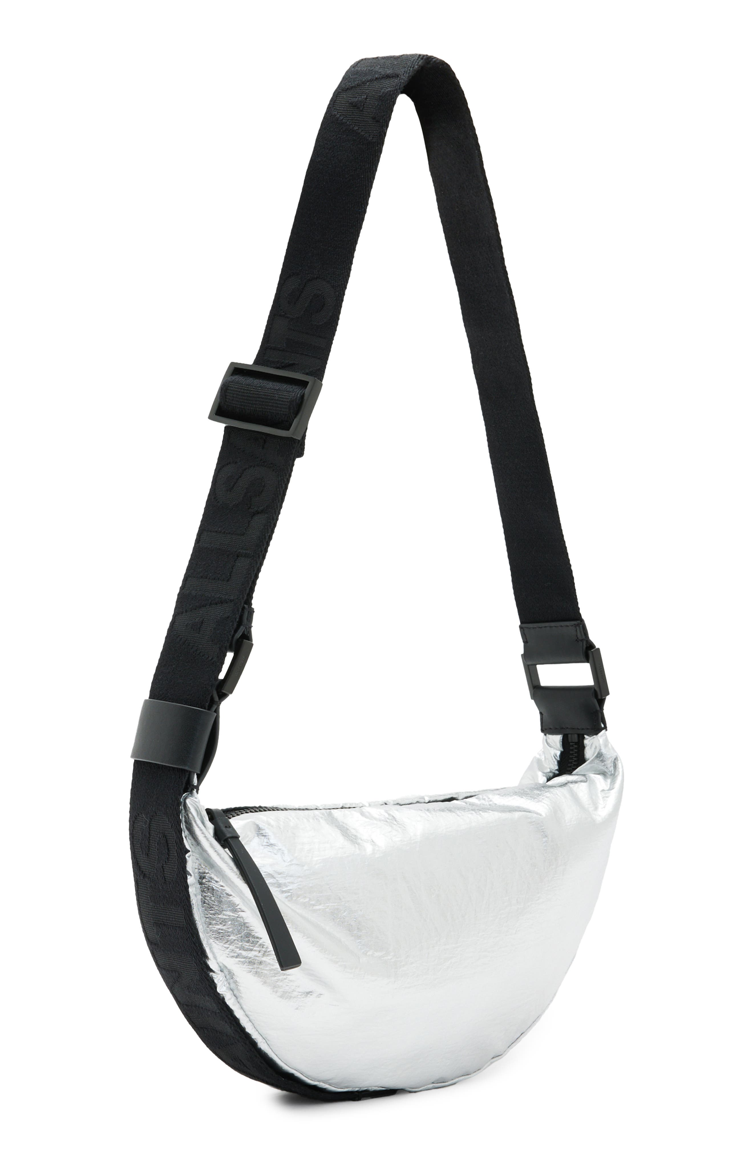 AllSaints Half Moon Metallic Nylon Crossbody Bag, Alternate, color, 
