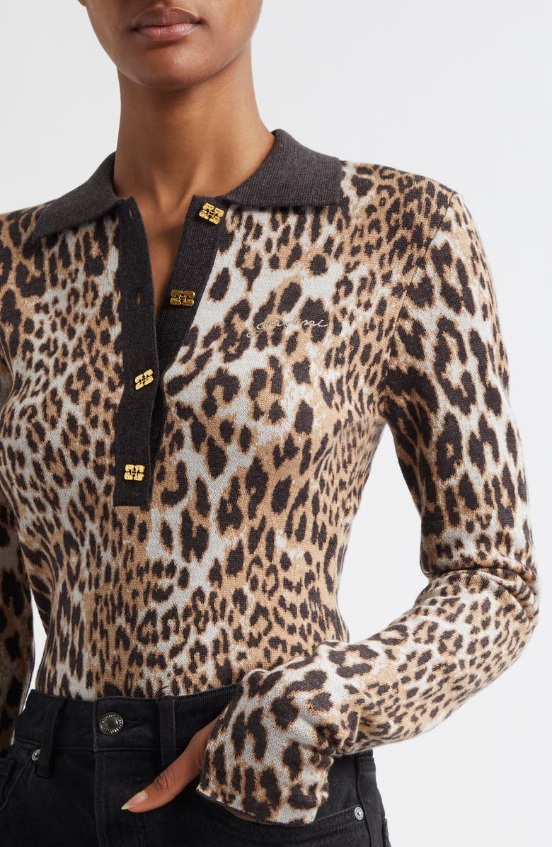 Ganni Leopard Stretch Organic Cotton Polo, Alternate, color, 