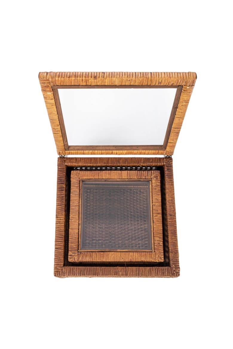 Modern Decorative Square Woven Rattan and Wood Display Boxes with Glass Top, Dark Brown Finish, Set of 2, Alternate, color, Brown