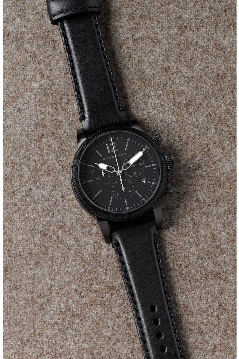 Round Leather Strap Watch, 42mm, Alternate, color, BLACK