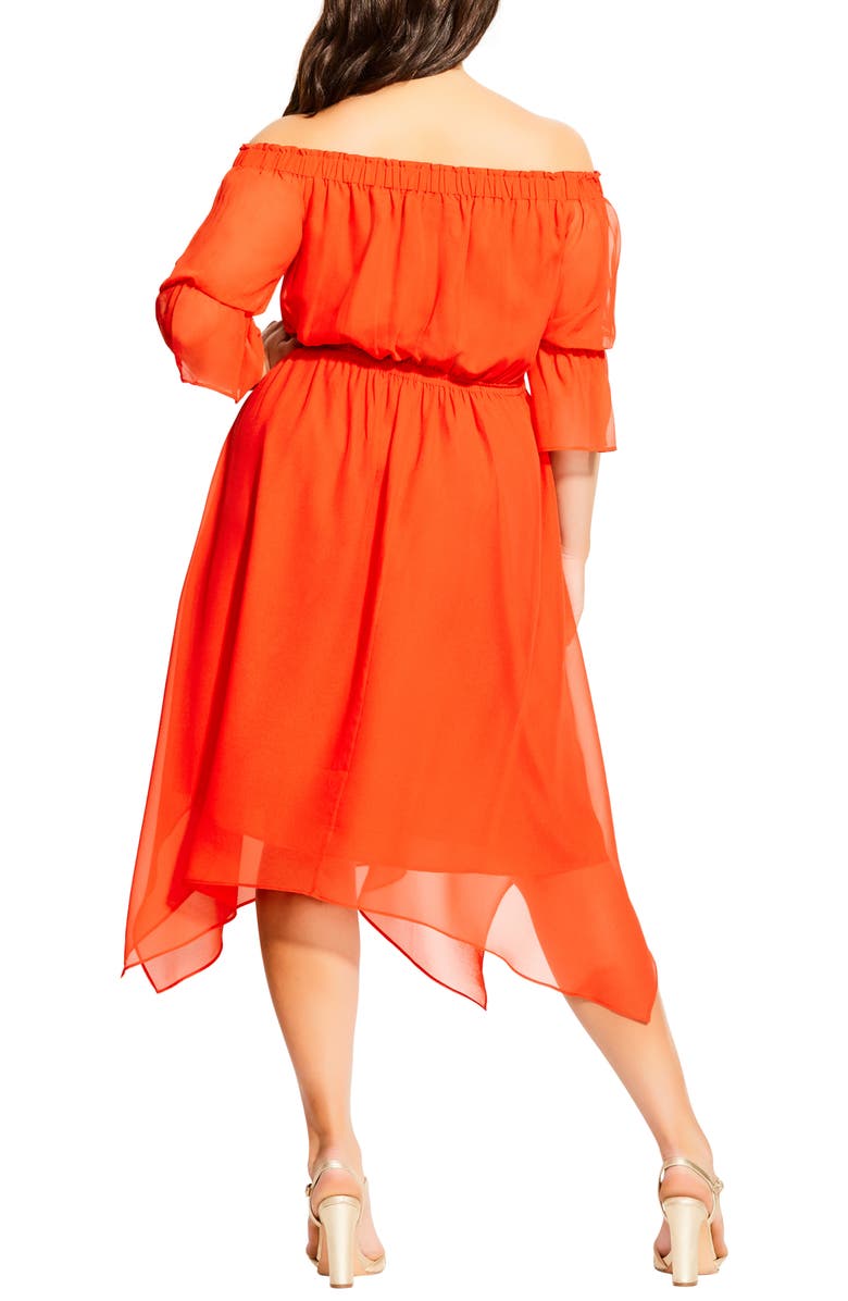 City Chic Reflections Off the Shoulder Handkerchief Hem Dress, Alternate, color,