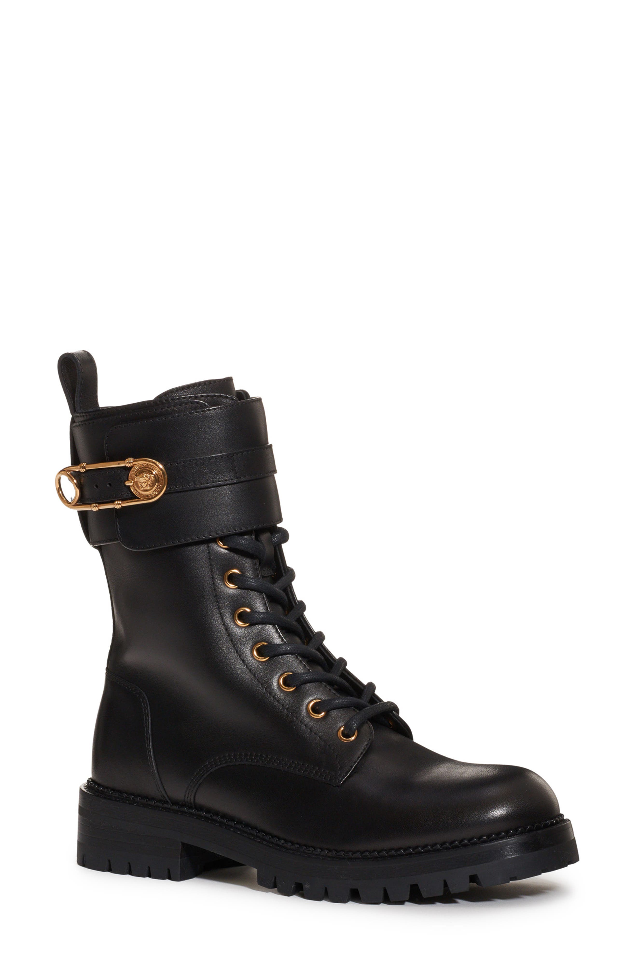 Versace Safety Pin Combat Boot, Main, color, 