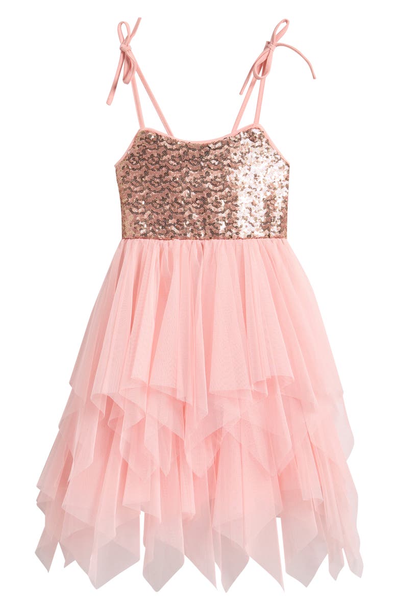 Ava & Yelly Kids' Sequin & Tulle Handkerchief Hem Dress, Main, color, 