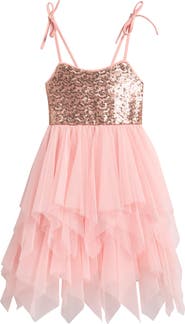 Ava & Yelly Kids' Sequin & Tulle Handkerchief Hem Dress