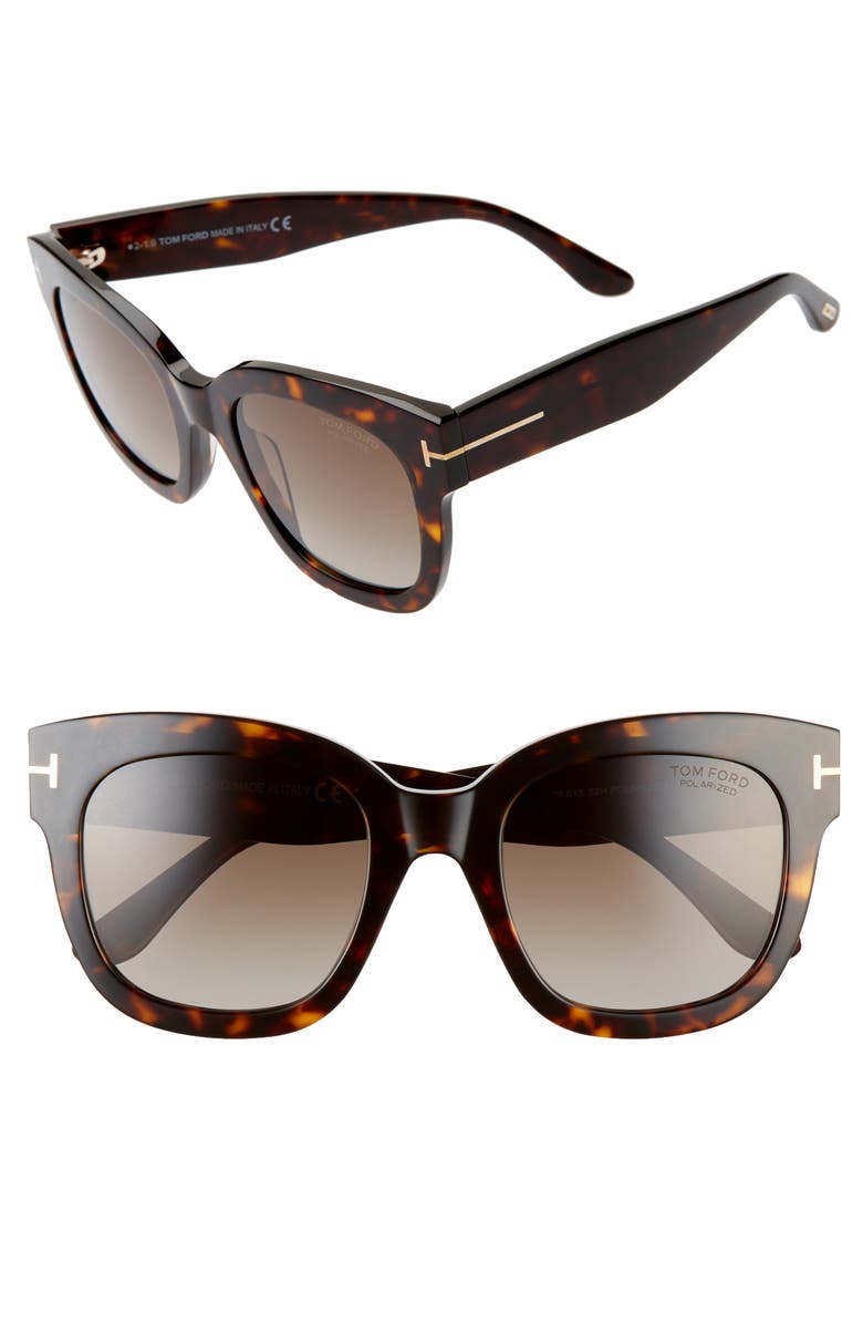TOM FORD Beatrix 52mm Polarized Gradient Square Sunglasses, Alternate, color, Dark Havana / Brown