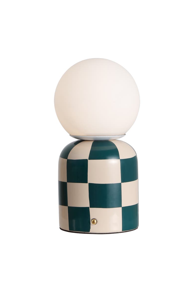 Zira Modern Checkerboard Ceramic Rechargeable Cordless Integrated Portable Dimmable with Frosted Globe Shade LED Table Lamp, Main, color, Dark Green/Cream