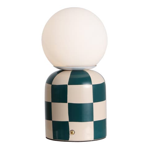 Zira Modern Checkerboard Ceramic Rechargeable Cordless Integrated Portable Dimmable with Frosted Globe Shade LED Table Lamp