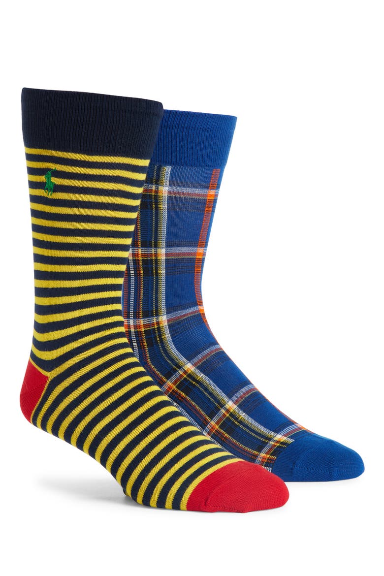Assorted 2-Pack Plaid & Stripe Dress Socks, Main, color, BLUE/ YELLOW MULTI
