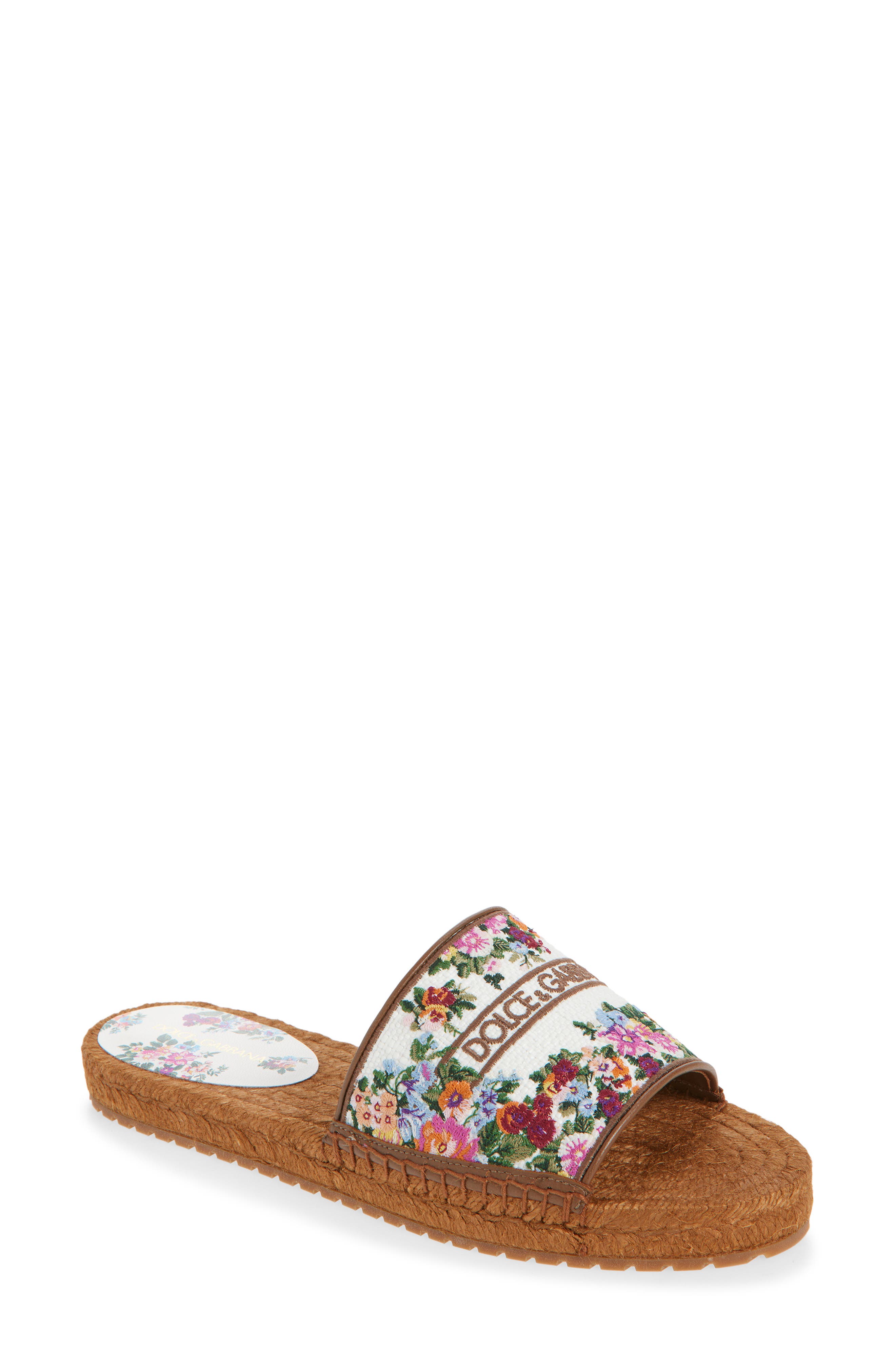 Dolce&Gabbana Floral Embroidered Flat Espadrille Sandal, Main, color, Bianco/ Multicolor