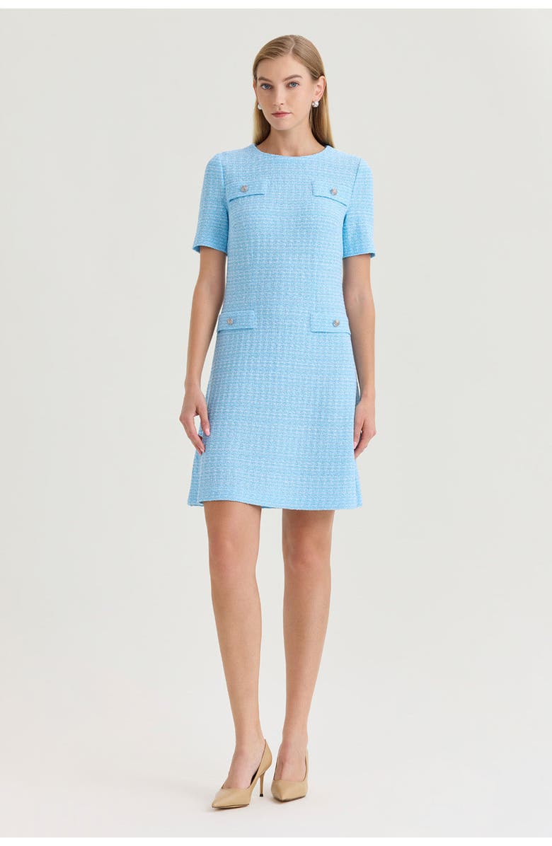 Ming Wang A-Line Tweed Texture Above-the-Knee Dress, Main, color, Serene/White