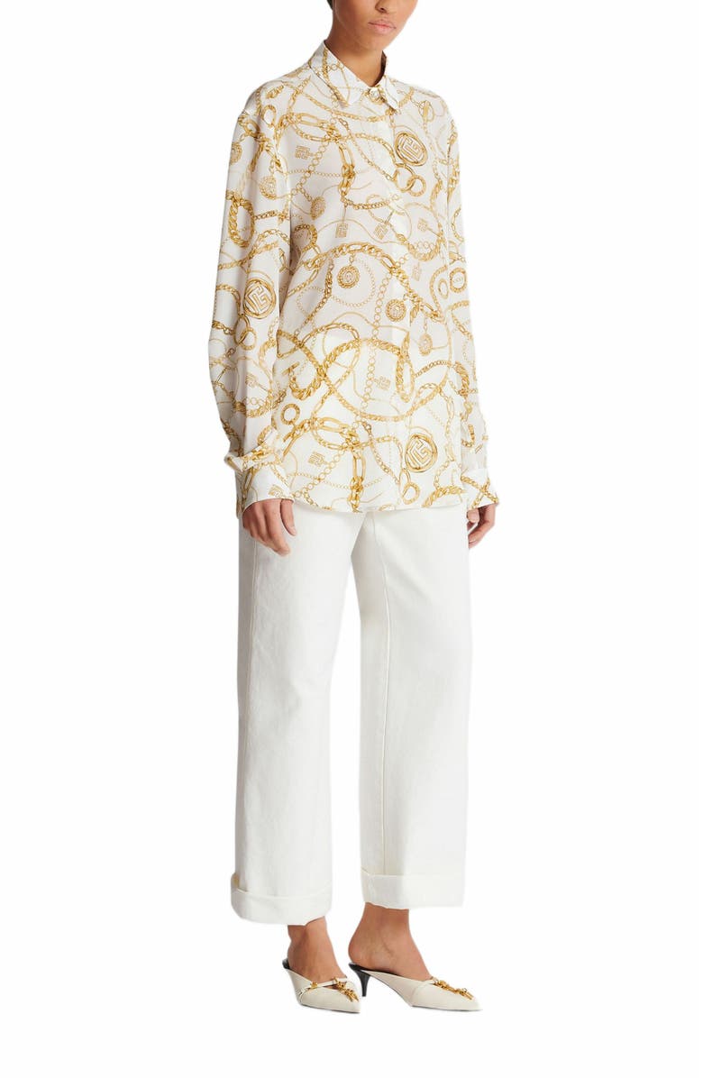 Balmain Printed Silk Shirt With Balmain Chains Pattern, Main, color, Gold