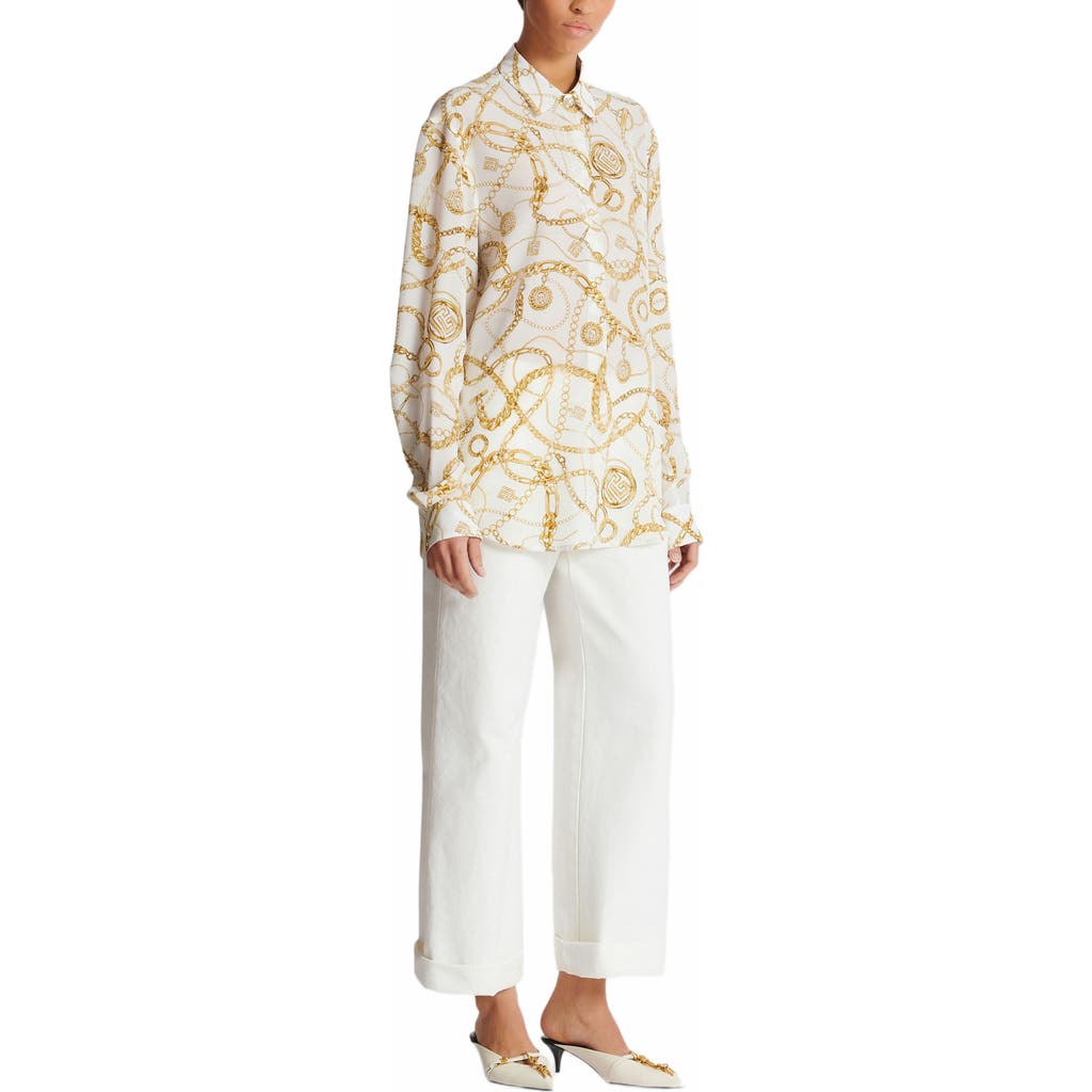 Balmain Logo Printed Silk Shirt In White