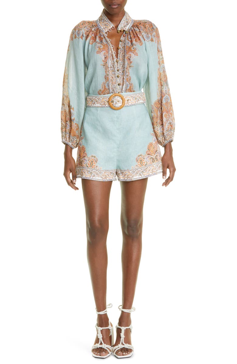 Zimmermann Devi Paisley Detail Belted Linen Shorts, Alternate, color, 