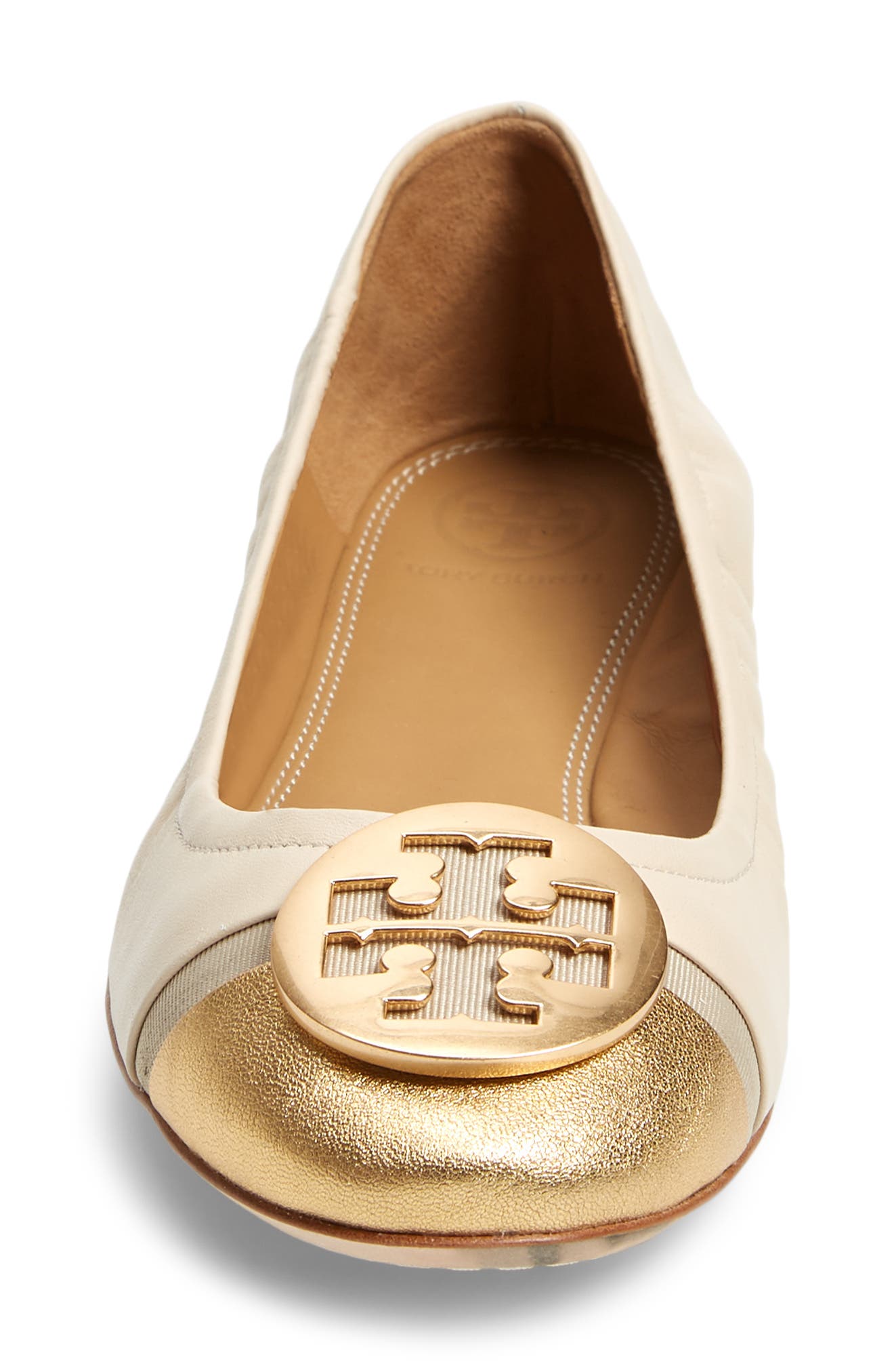 Tory Burch Minnie Logo Medallion Cap Toe Ballet Flat, Alternate, color, Dulce De Leche / Gold