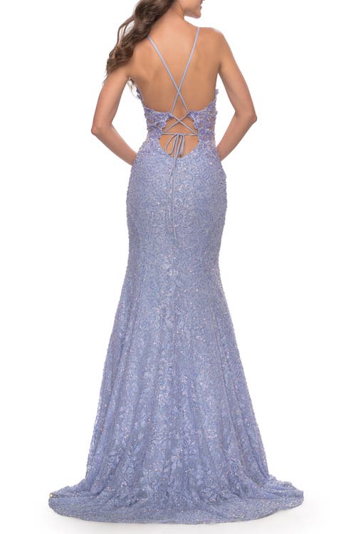 La Femme Mermaid Beaded Lace Prom Dress With Illusion Sides In Light Periwinkle