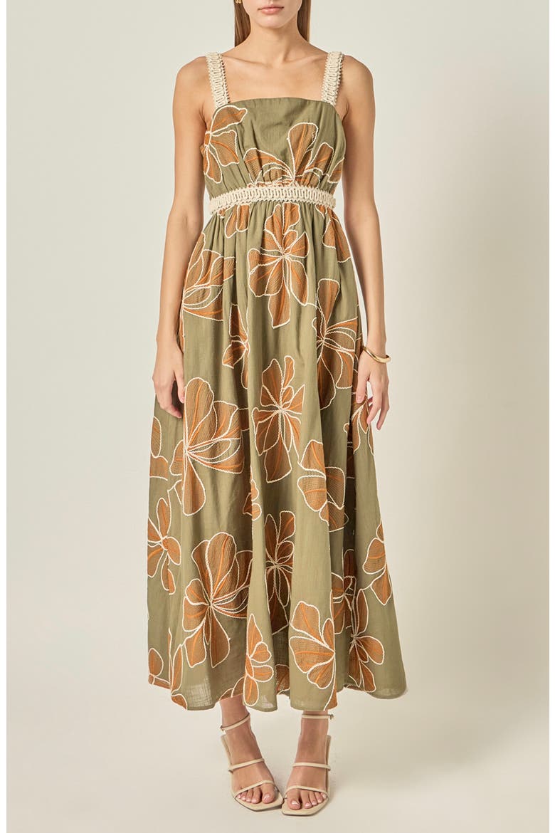 Embroidered Floral Waist Cutout Cotton Maxi Dress, Main, color, OLIVE/ CREAM