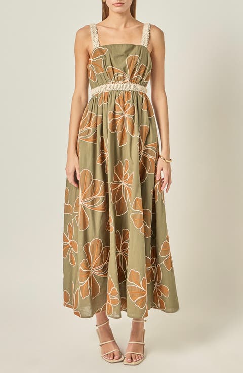 Embroidered Floral Waist Cutout Cotton Maxi Dress