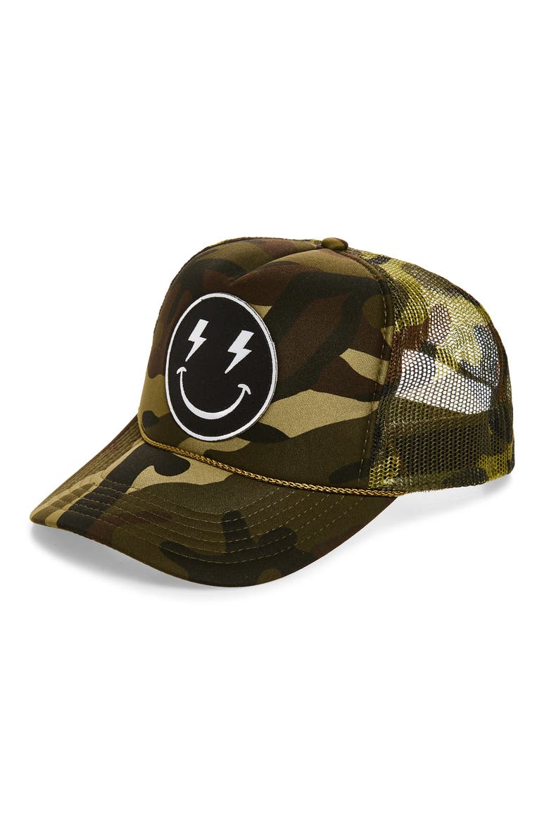 Bolt Smiley Face Trucker Hat, Main, color, CAMO