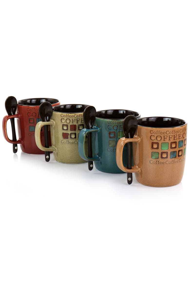 Cafe Americano 8 Piece 13oz Ceramic Cup and Spoon Set, Alternate, color, Blue