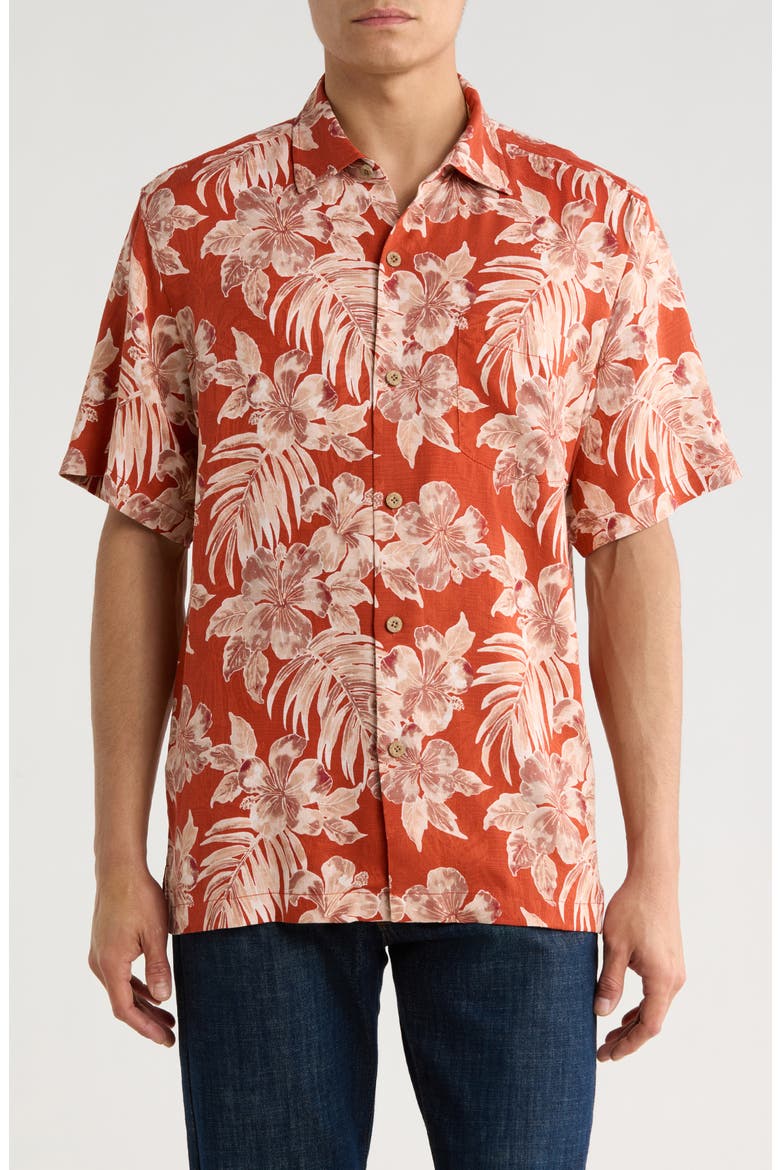 Ravello Floral Short Sleeve Silk Button-Up Shirt, Main, color, SALSA