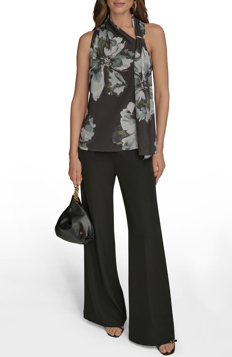 Donna Karan New York Print Side Drape Sleeveless Top, Alternate, color, Black/Grey Multi