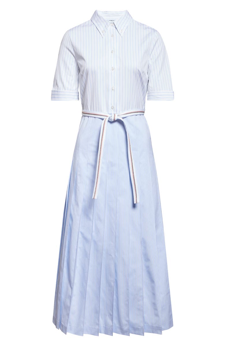 Thom Browne Mixed Stripe Pleated Button-Down Shirtdress, Alternate, color, Light Blue