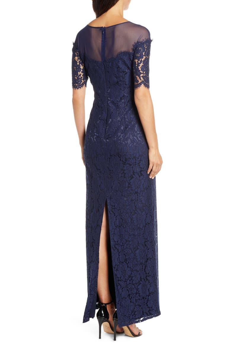 Illusion Top Lace Evening Gown, Alternate, color, NAVY