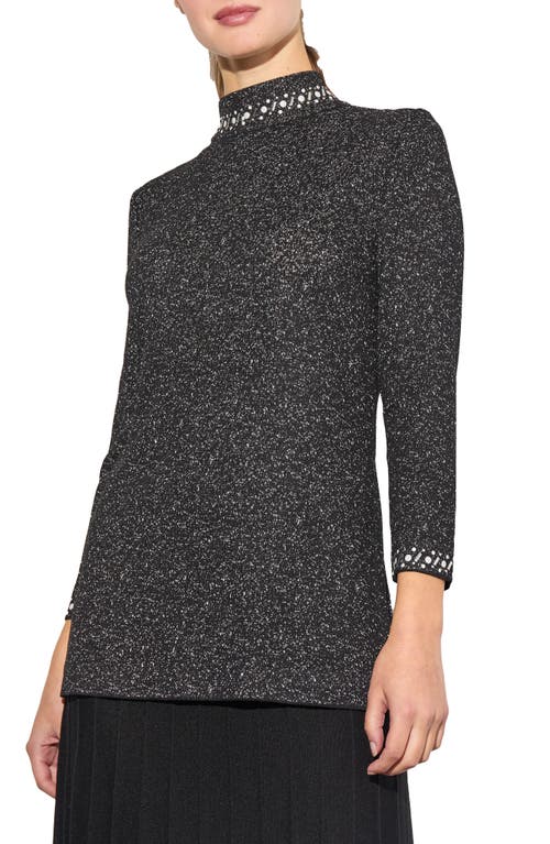 Ming Wang Shimmer Knit Embellished Mock Neck Tunic In Black/silver