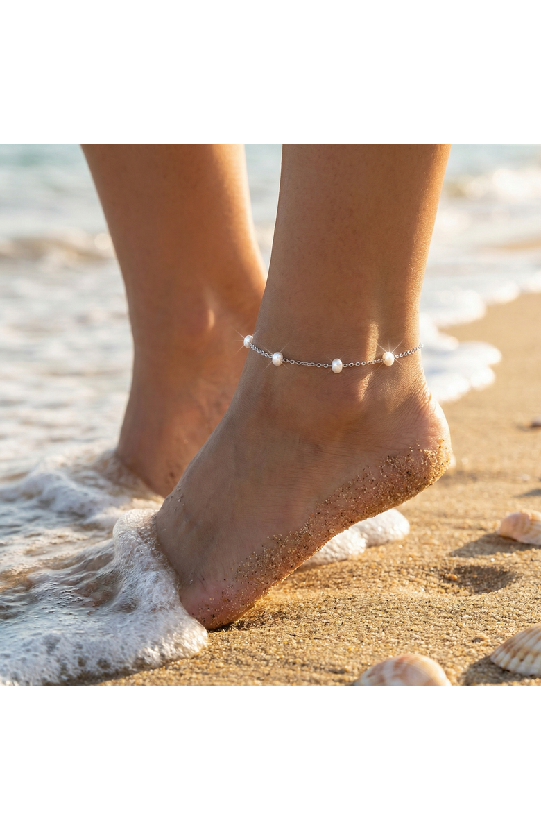 Bliss Diamond Max Anklet Silver Plated 9.5" 5mm Freshwater Pearls Lobster Clasp, Alternate, color, Silver