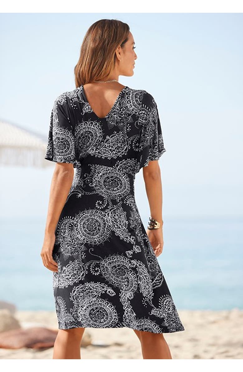 LASCANA Women's Belted Asymmetrical Dress, Alternate, color, Black Printed