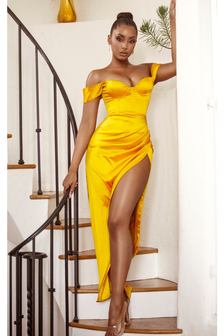 Zarah High Slit Corset Satin Dress, Alternate, color, Yellow