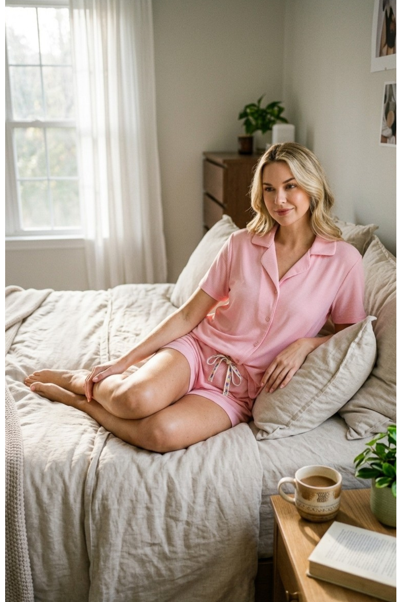 Yummy Jersey Rib Button-Up & Short Pajama Set, Alternate, color, Rose