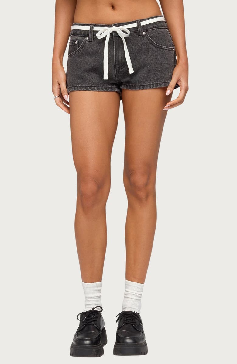 EDIKTED Olesia Tie Belt Denim Shorts, Main, color, 