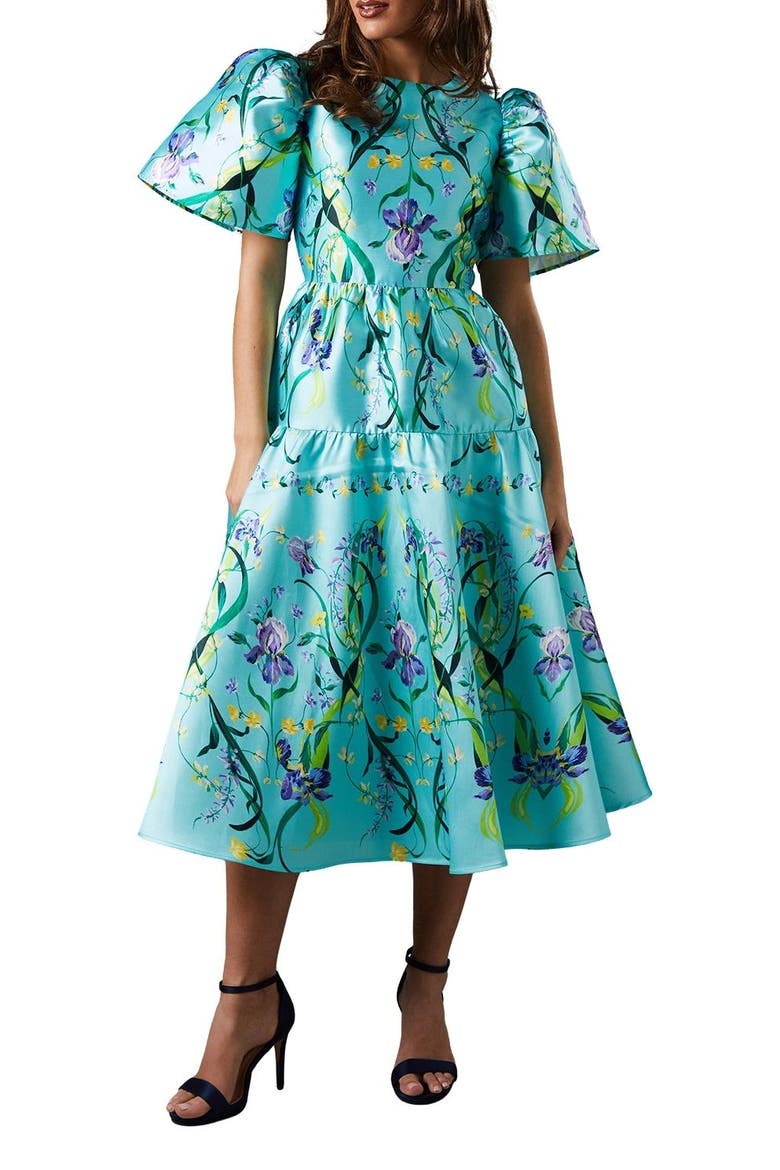 Twill Puff Sleeve Printed Midi Dress, Alternate, color, Green